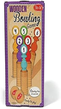 Pop It Up Retr-Oh! Wooden Bowling Game, Suitable for Indoor and Outdoor Use, Includes 2 Wooden Bowling Balls and 6 Colored & Numbered Pins, Family Fun