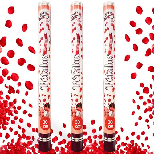 Cañón Confeti Boda, Cañón para fiestas y eventos, Fáciles y Seguros de Usar, Apto para bodas, eventos, celebraciones, Uso interior y Exterior, Diseño Petalos Rojos , 30 cm, Pack de 3 unidades