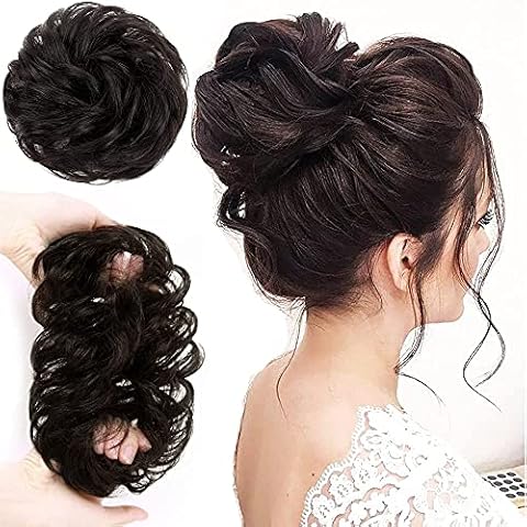 100% Remy Human Hair Messy Bun Extension, Messy Hair Bun Hair Scrunchies Extension Curly Wavy Messy 100% Remy Human Hair Extensions Chignon for Women Updo Hairpiece (Dark Brown/2#) Cover