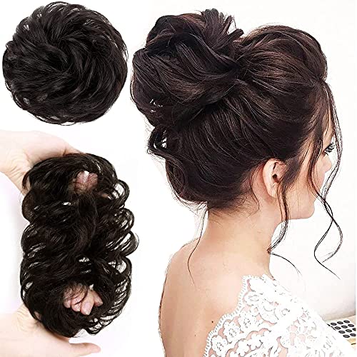 100% Remy Human Hair Messy Bun Extension, Messy Hair Bun Hair Scrunchies Extension Curly Wavy Messy 100% Remy Human Hair Extensions Chignon for Women Updo Hairpiece (Dark Brown)