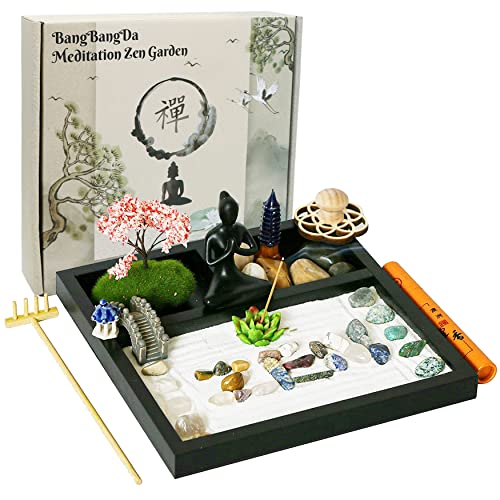 Desktop Meditation Yoga Zen Garden Kit Japanese Tabletop Rock Sand Chakra Shrine Altar Japanese Zen Decor Home Office Desk Zen Gifts for Women Man Birthday w/ Rake Tool Accessories Bonsai