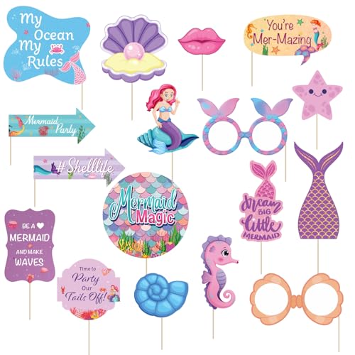 Image of Party Propz Mermaid Theme Birthday Decoration Props -17 Pcs, Mermaid Theme Photo Booth Props, Party Props for Birthday, Photobooth Cutouts for Girls,Cake Toppers (Cardstock)