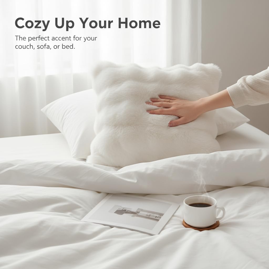 Neelvin Cream White Faux Fur Pillow Covers Set of 2, Luxury Soft Fluffy Throw Pillow Covers for Couch, Fuzzy Decorative Plaid Plush Cushion Cases for Living Room Sofa Bedroom Decor
