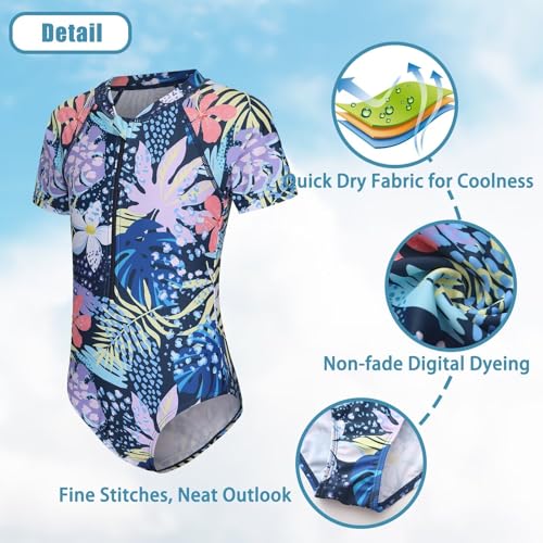 Image of Girls One Piece Rash Guard Swimsuits for Kids Girls Short Sleeve Bathing Suits with Front Zipper Swimwear 3-16 Years