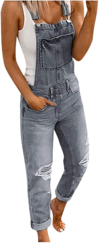 WUAI-Women Casual Stretch Jeans Jumpsuit Denim ممزق نحيل مزعج Denim Bib Overalls Rompers