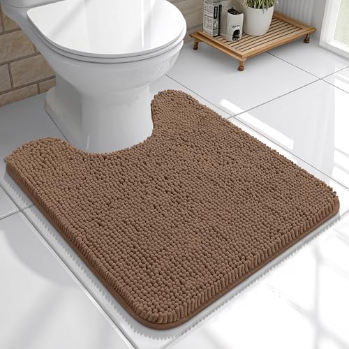 Image of OLANLY Toilet Rugs U-Shaped 20x20, Extra Soft Absorbent Chenille Contour Bathroom Rugs for Toilet, Dry Quickly, Machine Washable, Non-Slip Bath Mat, Mocha