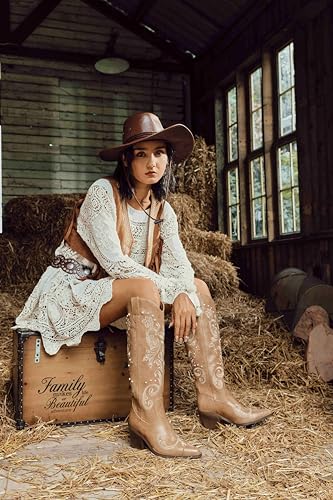 Image of Western Cowboy Boots for Women Knee High Cowgirl Boots with Classic Embroidered, Pointed Toe Chunky Heel Fashion Retro Classic Pull On Tall Boot Women Fall Winter