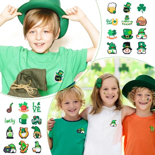 Image of FYSUIMU St. Patrick's Day Pins Green Gnome Shamrock Clover PVC Plastic Brooch Pins for Irish St. Patrick's Day Party Decorations Supplies Goodie Bag Stuffer 24 Pcs