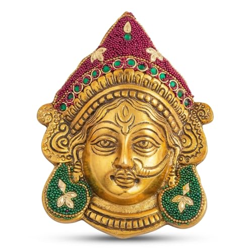 Image of Kalakriti Goddess Durga Face Wall Hanging Navratri Decorative Idol | Golden Finish Beaded Hindu Ambe MATA Bengali Devi Mask for Home Temple, Living Room & Festive Decor (Durga Face)