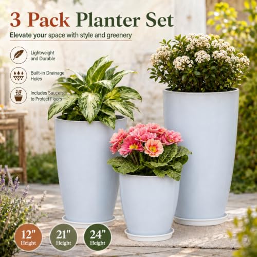 Neoaider Set of 3 Tall Planter, 24/21/12in Large Plastic Planter, WhiteJade by Neoaider - Used condition - Image 2