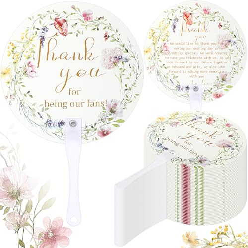 Roowest 100 Pcs Wedding Fans Bulk for Guests Floral Handheld Wedding Fans Gifts with Handle for Ceremony Bridal Shower Birthday Party Decoration