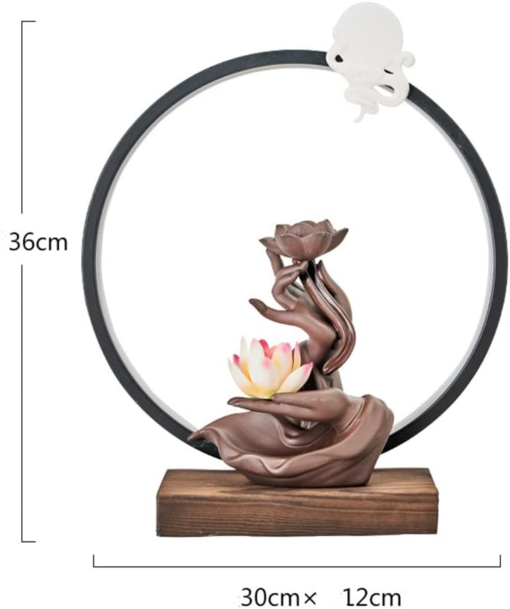 Ceramic Lotus Incense Burner Waterfall Chinese Backflow Incense Sticks Burner Holder with LED Light Incense Cones for Home Office Decor (White Lotus)