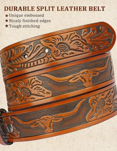 Kicoroiny Leather Western Belts for Woman Men - Bull Buckle, Cowboy Cowgirl Country Embossed Belt for Jeans Women Mens Gifts — view 3