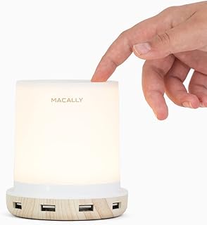 Macally Luminária de mesa de cabeceira com portas USB - 4 portas de carregamento rápido e controle de toque - Lâmpada USB com luz quente regulável - Perfeito como pequena lâmpada de cabeceira para cabeceira ou luz noturna de cabeceira - Madeira  
