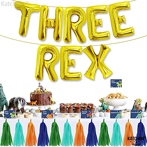 Katchon, Gold Three Rex Balloons - 16 Inch | Gold Three Rex Birthday Party Decorations | Dinosaur Balloon, 3 Rex Birthday Decorations | Dinosaur Birthday Party Supplies | Dinosaur Party Decorations #TOP1