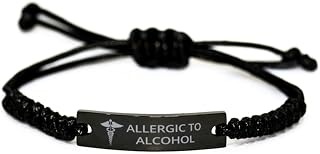Medical Black Rope Bracelet, Allergic to Alcohol Awareness, Medical Symbol, SOS Emergency Health Life Alert ID Engraved Stainless Steel Silver Jewelry Adjustable Bracelet For Men Women Teen