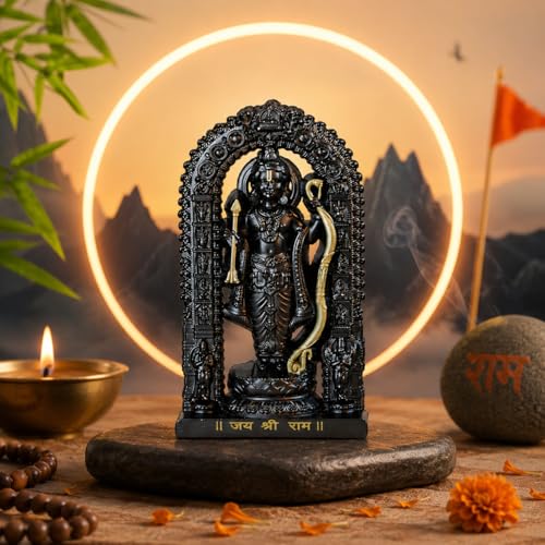 Image of Jai Shri Ram Idol Black Resin Statue with Gold Accents, Decorative Figurine for Home Temple, Car Dashboard, Office Desk and Spiritual Decor, Compact 3 x 2 Inch Religious Showpiece