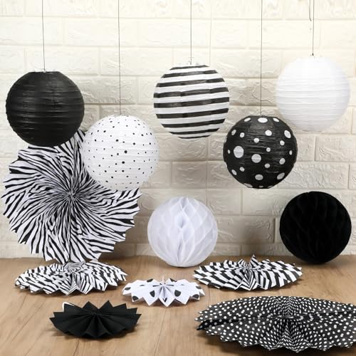 Image of Retisee 18 Pcs Black and White Party Classroom Decoration Hanging Black White Paper Lanterns Paper Fans Honeycomb Balls Polka Dots Stripe Lanterns Decorative for School Classroom Decoration Supplies