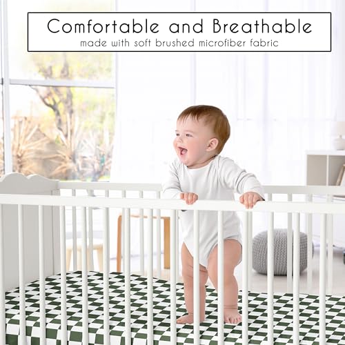 Image of Sweet Jojo Designs Fitted Baby Crib Sheets (Green Gingham Checkered) for Boys or Girls, Infant Nursery, Toddler Room - Standard Size (Gender Neutral, Plaid, Vintage, Modern, Check, Unisex, Sage White)