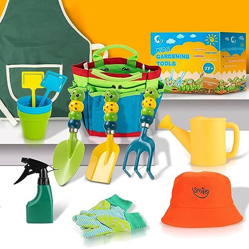 Ifukens スコップ 園芸用品スコップ・熊手・シャベル 園芸多機能穴掘りスコップ ステンレス11点セット砂場セット潮干狩りセット熊手 草取り道具レーキ可愛い毛虫持ち手ガーデニング用品ガーデニング ツール子供用砂遊び庭 遊具庭の草取り道具手植え 除草 移植趣味の園芸初心者 手提げ袋+水筒+散水ボトル+手袋+エプロン+ラベル+植木鉢+帽子(11点セット)