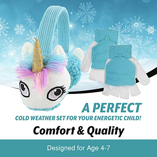 PEAK 2 PEAK Girls Unicorn Earmuff and Cut Finger Gloves with Cover Cold Weather Set, Age 4-73