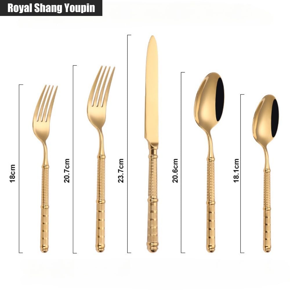 Luce Di Lusso Solido Rilievo Manico Rotondo Cucina Acciaio Inossidabile Posate Stoviglie Posate Set Coltello Da Bistecca Forchetta Cucchiaio Cucchiaino (Oro,5 pezzi)