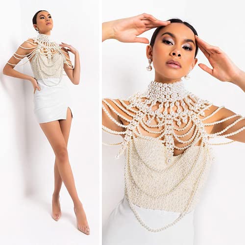 Ccbodily Pearl Body Chain Bra - Fashion Shoulder Necklaces Bra Chain Body Jewelry(E-White) #TOP2