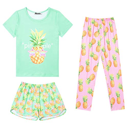 Image of Mirawise Girls 3 Pc Pajamas Sleepwear Cotton Pjs Clothes Set 4-13 Years
