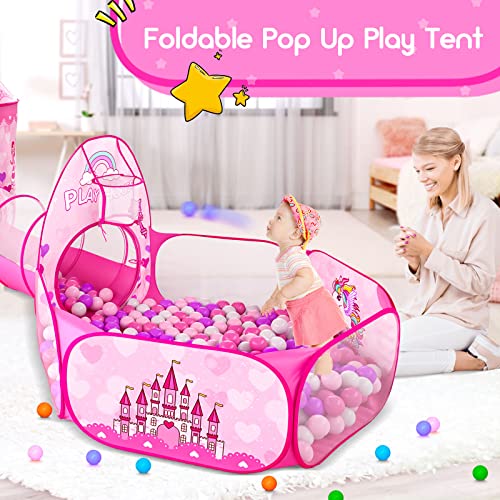 Image of 3pc Kids Play Tent for Girls with Ball Pit, Crawl Tunnel, Princess Tents for Toddlers, Baby Space World Playhouse Toys (3PC Princess Dream Tent)