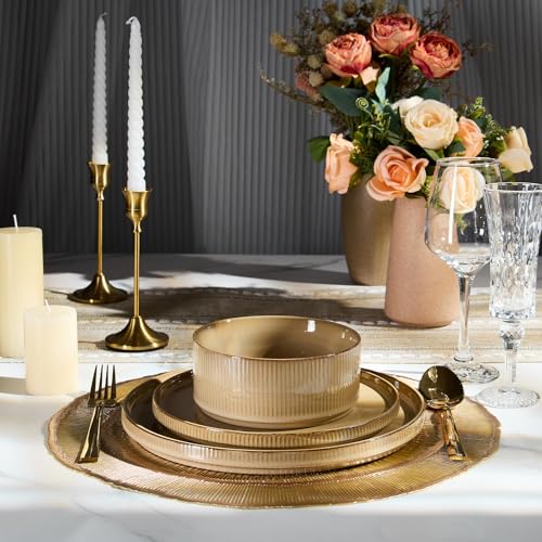 Image of E-far 24-Piece Stoneware Dinnerware Sets, Plates and Bowls Sets for 8, Kitchen Modern Dinning Porcelain Dishes Set, Chip & Scratch Resistant, Dishwasher & Microwave Safe, Caramel Khaki