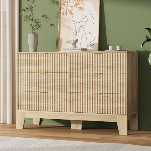 Image of Garvee 6 Drawer Dresser for Bedroom, 47 inch Wide Fluted Chest of Drawers with Metal Handle, Modern Wooden Dresser TV Stand, Clothes Storage Organizer Wood Closet for Hallway, Entryway, Natural Oak