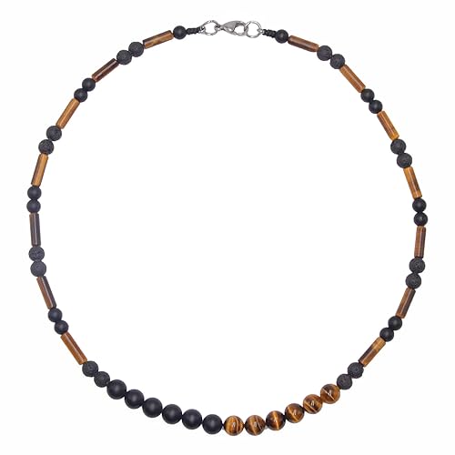 Mens Triple Protection Beaded Necklace - Trendy Tigers Eye Crystal Black Matt Onyx Necklaces, Lava Rock Essential Oil Diffuser Spiritual Healing