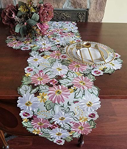 Spring Table Runner 13"×83" Embroidered Flowery Applique Floral Daisy Cutwork Table Linen Home Kitchen Dining Tabletop Decoration