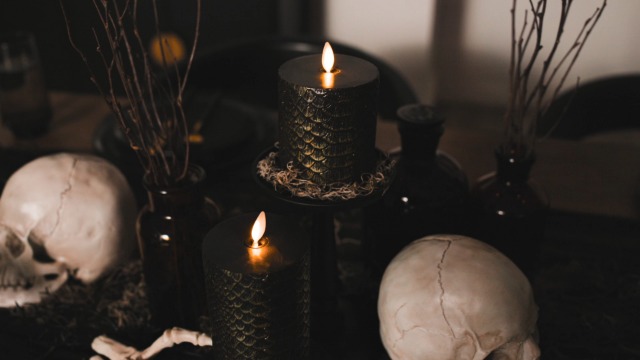 Image of Luminara Snake Pattern Flameless LED Candle, Black & Gold 3 inch x 4.5 inch, Moving Flame Pillar, Battery Operated Timer Real Wax Halloween Gothic Home Decor