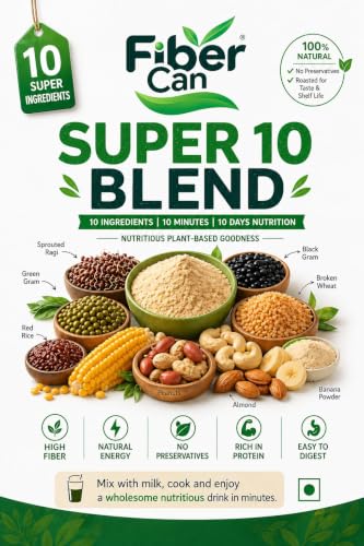 Image of FiberCan Super 10 Blend The Real Health Mix Powder 300g | Traditional Sathu Maavu | Multigrain Millet Health Mix | High Protein & Fibre Breakfast Mix | No Added Sugar | Nutrition Drink & Porridge Mix | Super 10 Blend