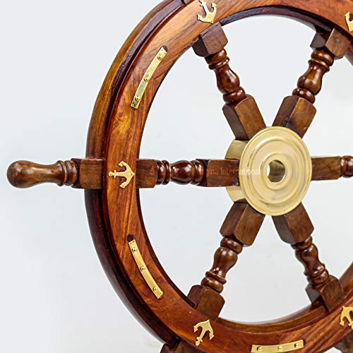 Image of Natural Wood Handcrafted Ship Wheel with Inlayed Brass Anchor and Rippets| Ocean Maritime Navy Decor | Nagina International (12 Inches)