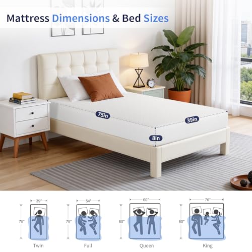 Image of FDW | 8 Inch Twin Mattress | Medium Firm | Gel Memory Foam Mattress | White | Bed in a Box, CertiPUR-US Certified | Pressure Relief, Cooling Ventilated Foam | Washable Removable Cover