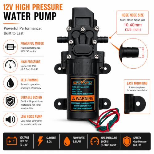 Image of (1) 12V DC Diaphragm Water Pump, 3.6 LPM Flow Rate, 100 PSI, Without Automatic Pressure Switch, Agricultural Sprayer Motor Pump for Pesticide and Fertilizer Application