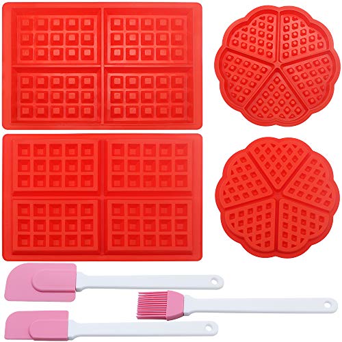 UBERMing 4 PCS Moules à Gaufres en Silicone Anti-adhésif Moule à Biscuit Bakeware en Forme de Coeur et Carré avec 2 Spatules en Silicone Rose et 1 Brosse à Huile en Silicone
