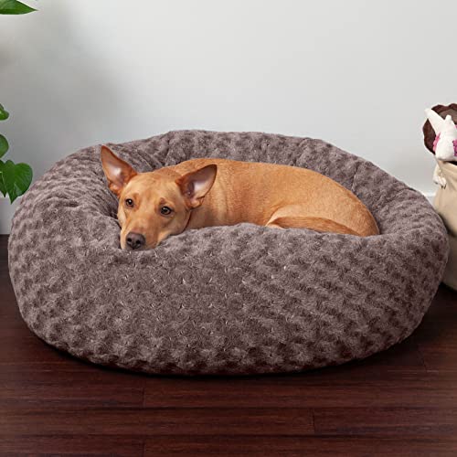 Image of Furhaven 30 inch Round Donut Dog Bed for Medium /Small Dogs, Refillable w / Removable Washable Cover, For Dogs Up to 45 lbs - Curly Faux Fur Donut Bed - Cocoa Dust, Medium