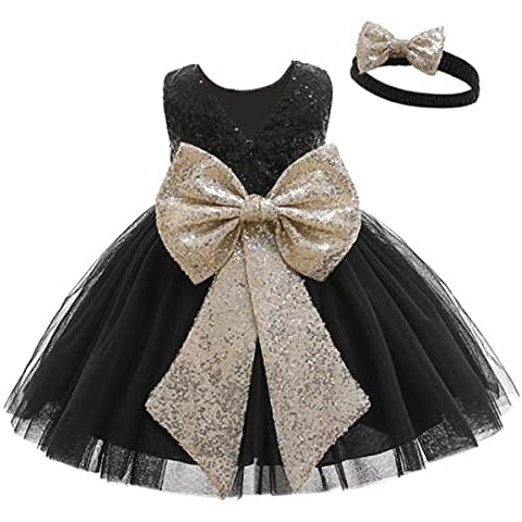 Baby Girls Big Bowknot Dresses Toddler Formal Prom Tutu Lace Gown Dress with Headwear Black 0-3 Months Cover