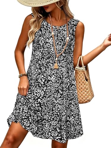 Image of elescat Women's Summer Dresses 2026 Beach Casual Sleeveless Floral Print Tank Loose Sundress with Pocket
