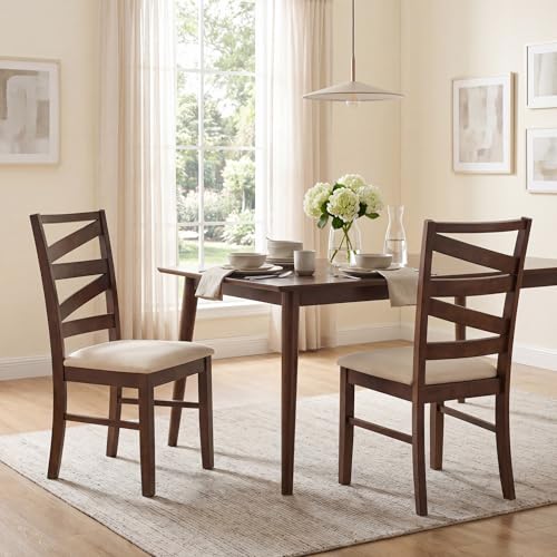 Image of COSTWAY Wooden Dining Chairs Set of 2, Farmhouse Kitchen Side Chair with High Back, Fabric Padded Seat, Armless Chairs for Dining Room, Living Room, Home Kitchen, Restaurant (Brown & Beige)