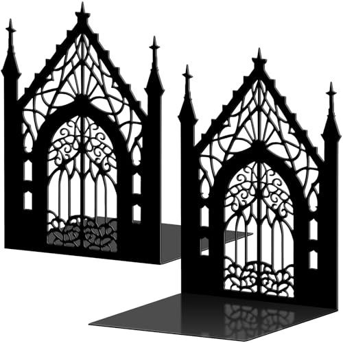 Shimeyao Gothic Metal Bookends for Shelves Decorative Black Metal Bookends Heavy Duty Black Gothic Themed Gifts Bookshelf 5.3"x4.3"x7.3" Heavy Bookshelves Holders for Office Desk Room Decor