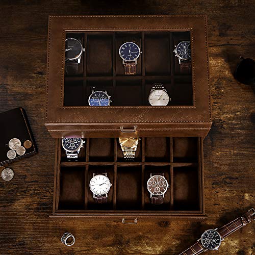 Bewishome Watch Box Organizer For Men Luxury Watch Case 20 Slots Faux Leather Watch Display Case With Real Glass Top , Metal Hinge, Brown Ssh24Z #TOP3