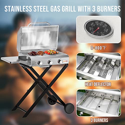 Onlyfire Bbq Gas Grill With 3 Burners And Foldable Cart For Easy Transport, Stainless Steel Portable Propane Grill With Versatile Side Shelf For Outdoor Patio Backyard Camping, Tailgating, Rv Trip #TOP2