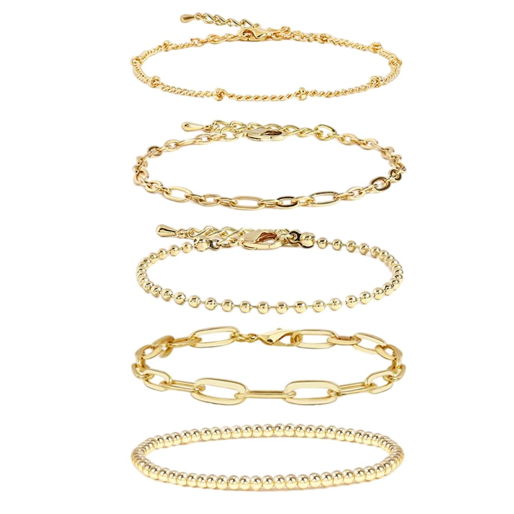14K Gold Chain Bracelet Sets for Women Girls Dainty Gold Paperclip Link Bead Bracelet Layered Metal Link Bracelet Fashion Jewelry