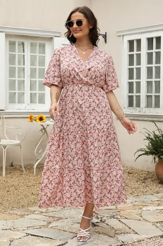 Image of Keluummi Plus Size Maxi Dress for Women V-Neck Floral Empire Waist 3 /4 Sleeve with Pockets(18 Plus, 13 - Pink Floral)