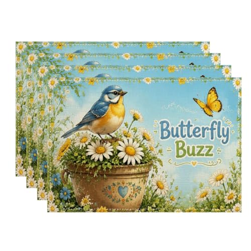 Lot de 4 sets de table motif papillon Buzz - Motif floral bleu - Pour table de salle à manger, printemps été - Antidérapants - Lavables - Pour intérieur...