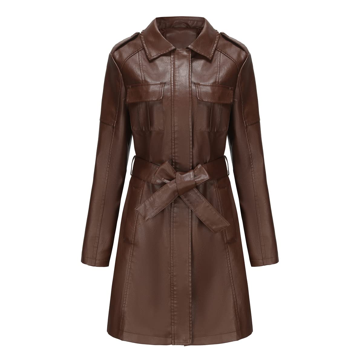 Mittellange Lederjacke mit Gürtel Langärmeliger Leder-Trenchcoat für Frühjahr/Herbst Modischer Mantel im britischen Stil für Damen